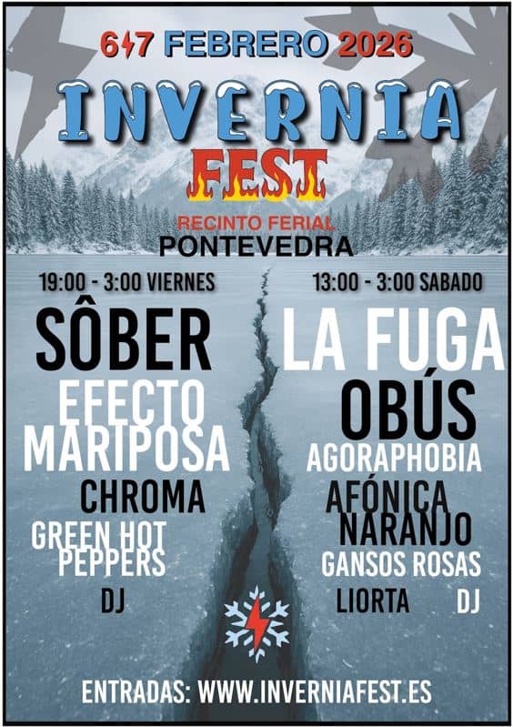 Cartel del festival Inverno Fest en Pontevedra, con artistas como Sôber, La Fuga, Obús y otros. Evento en recinto ferial los días 25 y 26 de febrero de 2026.